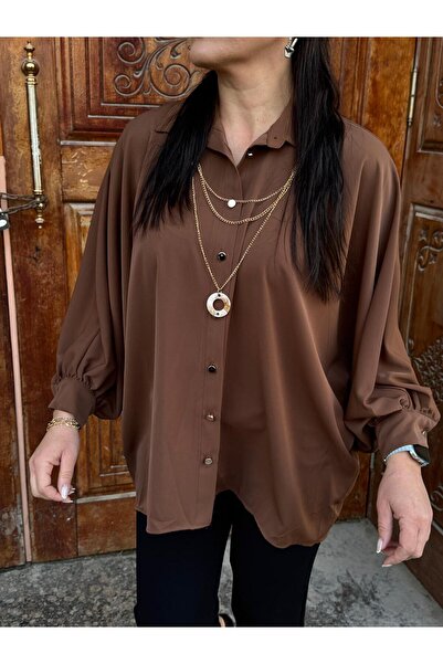 MODA Kadın Salaş Yarasa Kol Gömlek Bluz Zincir Kolye Detaylı Oversize Gömlek