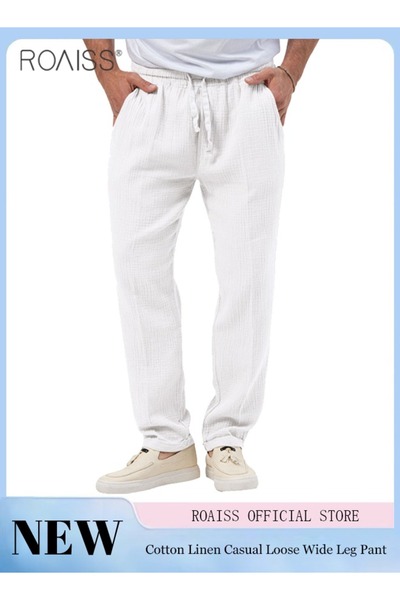 ROAISS Mens Casual Linen Pants Loose Fit Straight-Legs Elastic Drawstring Wai...