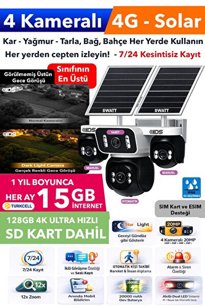 IDS 4 Kamera 20MP 4G Güneş Enerjili Güvenlik Kamerası Üstün Gece Görüşlü 128G...