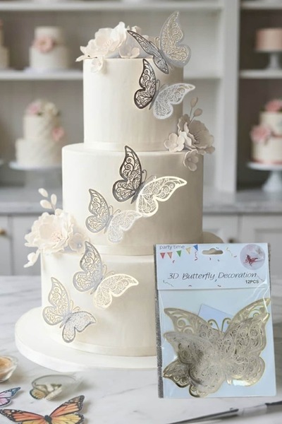 PASTRY PLANET Pasta Kelebek Süsü Gümüş 3 Boyutlu (12 Adet)