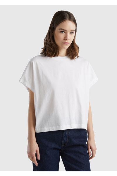 United Colors of Benetton Women's white 100% Cotton kimono Sleeve Detail crew...