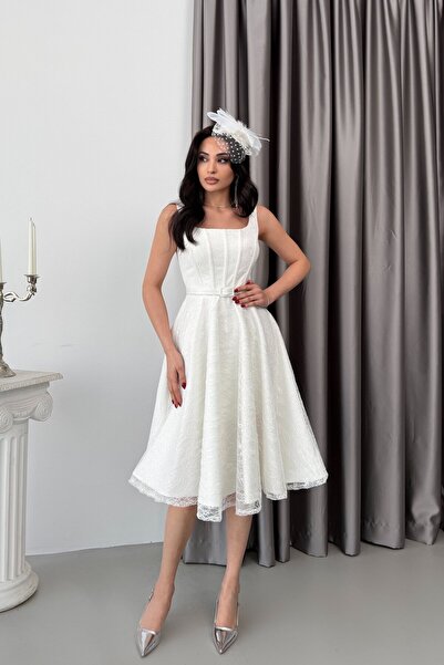 Serica Moda Rochie de seară albă cu paiete cu broderie din dantelă K curea i ...