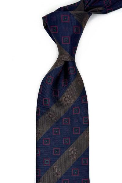 Kravatkolik Navy Blue - Classic Tie with Brown Stripe Pattern and Handkerchie...
