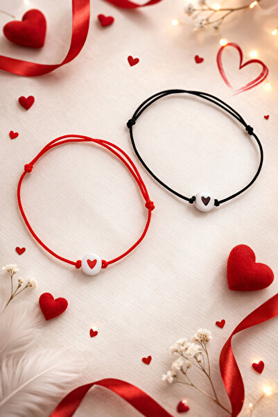 Crystal Atelier Siyah Kırmızı İpli Kader Bağı Çift Bileklik Kalp Boncuklu Sev...