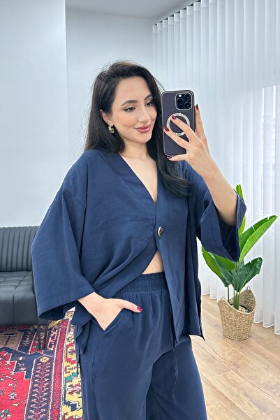 Hipo Trend Modal Beli İp B Tie-Detail Kruvaz Navy Blue Blouse and Pants Set