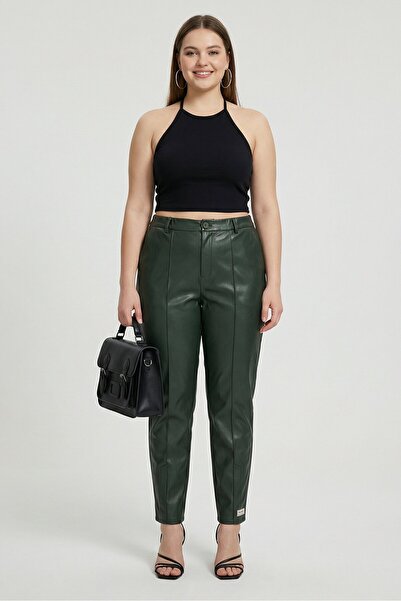 The Giving Movement Women Skinny Fit Leather Straight Pants, Dark Green
