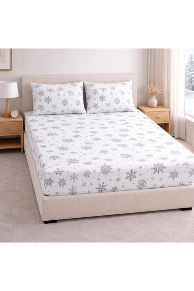 vionetta Cotton Pieces Snowflake White-Grey Set of Fitted Sheet with Pillow C...