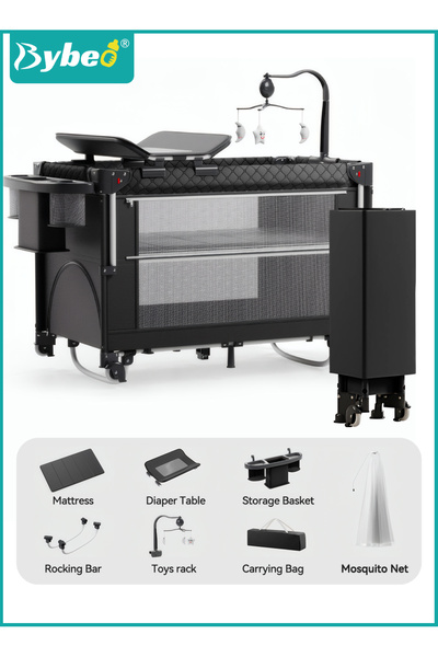 BYBEO سرير أطفال 5 في 1، سرير أطفال ومهد مع طاولة تغيير الحفاضات، أسرة سفر قا...