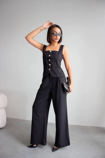 ÇEÇİM Women's Button Detailed Lace-Up Vest & Palazzo Pants Two-Piece Set Nsa-...