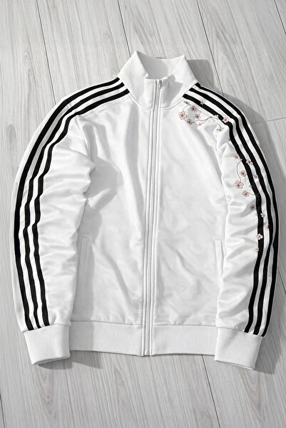 Köstebek White Three-Stripe Sakura Tree Y2K Unisex Cardigan