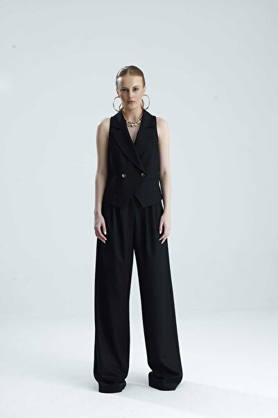 GACA COLLECTION Woni̇ta Black Blazer Collar Y Vest and P Palazzo Pants Set