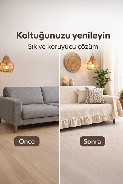 cotton maison Naturel Fırfırlı Koltuk Örtüsü Şalı Vintage 300x180 Cm