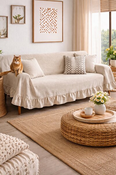 cotton maison Натурален калъф за диван с набори Vintage 220x180 cm