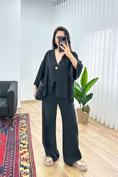 Hipo Trend modal Set pantaloni și bluză neagră Beli İp B cu detaliu cu șnur K...