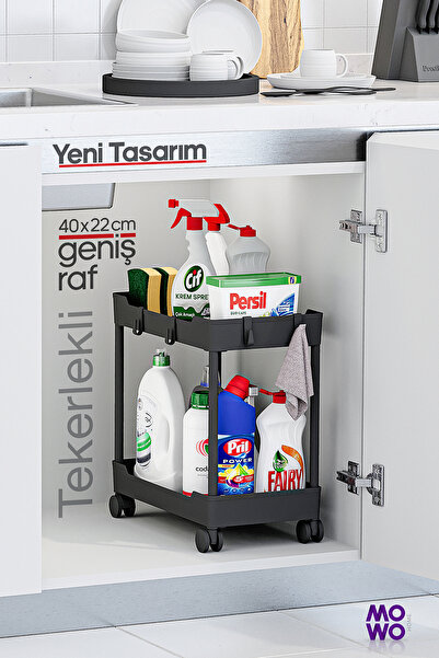 ozbience İki Katlı Tekerlekli Siyah Düzenleyici Raf, Banyo ve Mutfak İçin Uygun