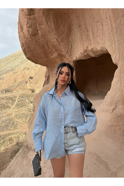 kırmızı butiks Mavi Tek Cep Sırt Dekolte Gömlek