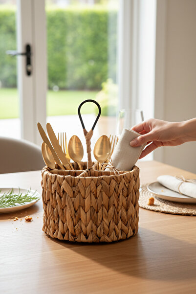 Akayev Pleteni okrugli organizator za pribor za jelo sa 4 odjeljka