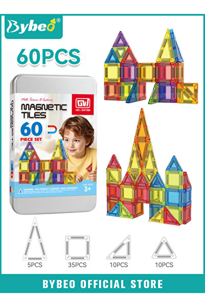 BYBEO 60 PCS Magnetic Tiles, Kids Magnetic Building Blocks Set, 3D Magnetic P...