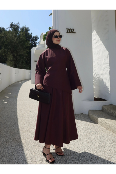 MODA AKSA 6025 BELDEN BAĞLAMA POPLİN ETEKLİ TAKIM MÜRDÜM