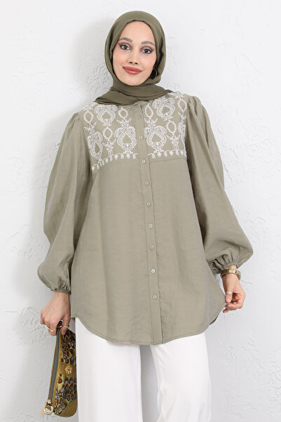 Salih Çelebi Embroidery Detailed Balloon Sleeve Shirt Y0103 - Light Khaki