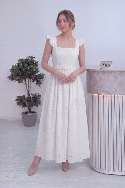 zks grup tekstil Women's Square Collar Belt in Midi Length Dress Black, Pink,...