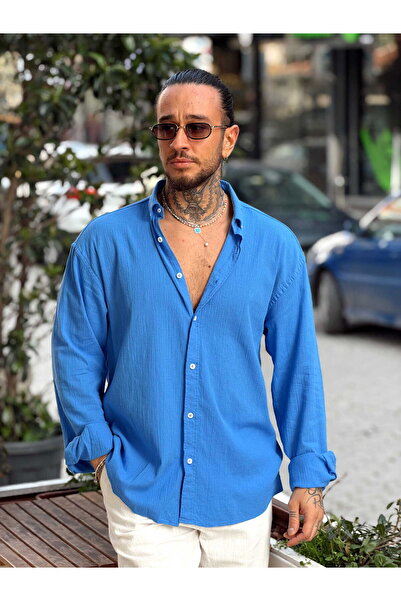 manch collection Oversized Krinkıl Linen Shirt Sax