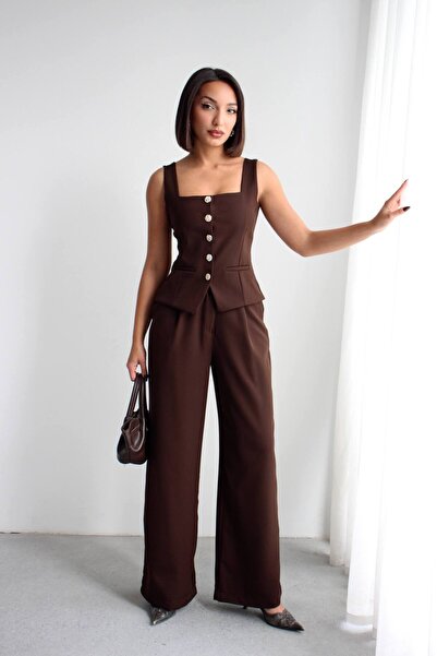 ÇEÇİM Women's Button Detailed Lace-Up Vest & Palazzo Pants Two-Piece Set Nsa-...