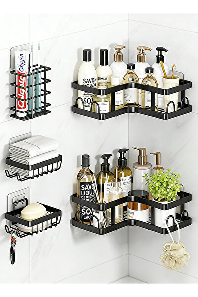 Generic مجموعة من 5 أرفف للحمام - رف استحمام من الفولاذ المقاوم للصدأ مع 16 خ...