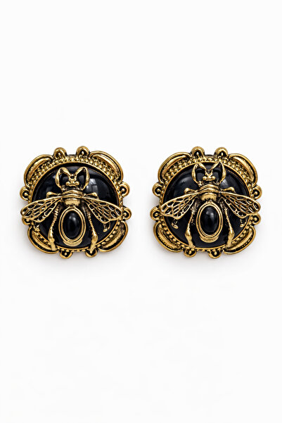 Antik Gold Arı Figürlü Siyah Taşlı Çelik Küpe