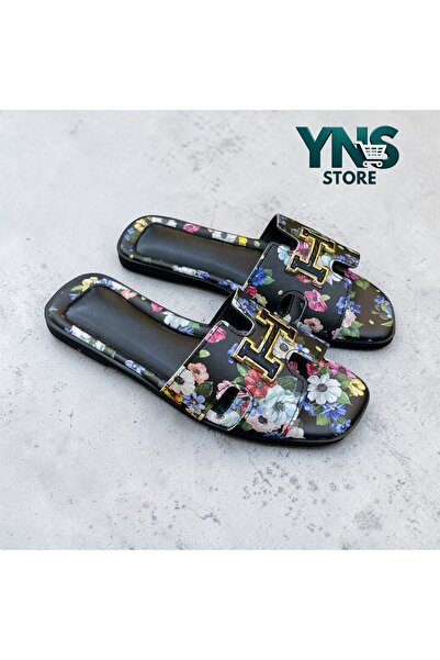 YNS STORE Νέο Summer Tırend Παντόφλες μαύρο με λουλούδια