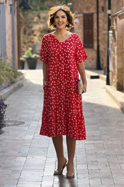 Nevin Kaya Moda V14-Roșu Violet cu model Rochie cu volane și fuste