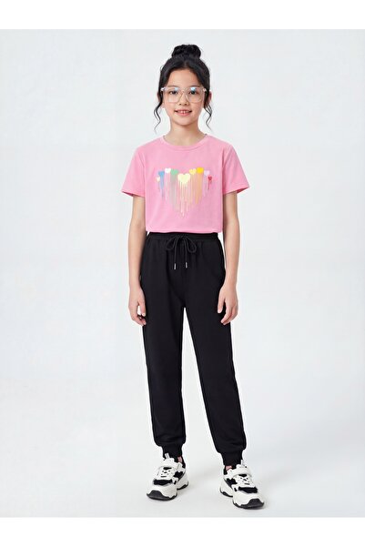 FYK KİDS طقم بناتي مكون من تي شيرت برقبة دائرية وبنطلون رياضي طويل مع تفاصيل ...