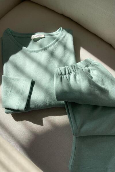 MJAMASS Mint Basic Örme Oversize Kadın Ev Giyim Takım