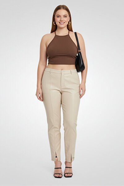 The Giving Movement Women Skinny Fit Plain Split Hem Straight Leg Pants, Beige