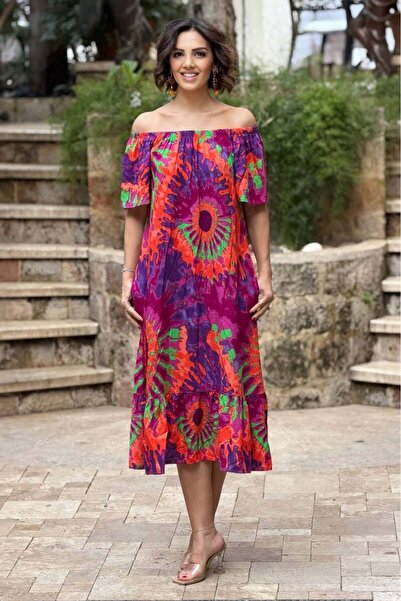 Nevin Kaya Moda V136-Fusya Με έθνικ μοτίβο Φόρεμα με γιακά Μαντόνα