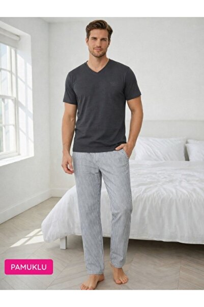 GUAVA+ Men's Anthracite Striped V-Neck Buttonless Jacquard Cotton Lycra Short...