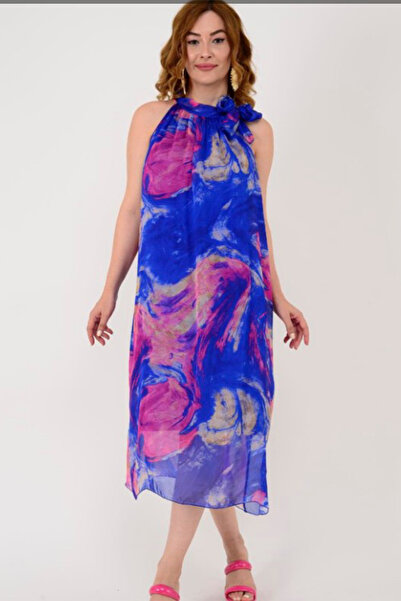 AYASOFYA OTANTIK Women's Italian Blue Neck B Tie-Detail İ Silk Lbise