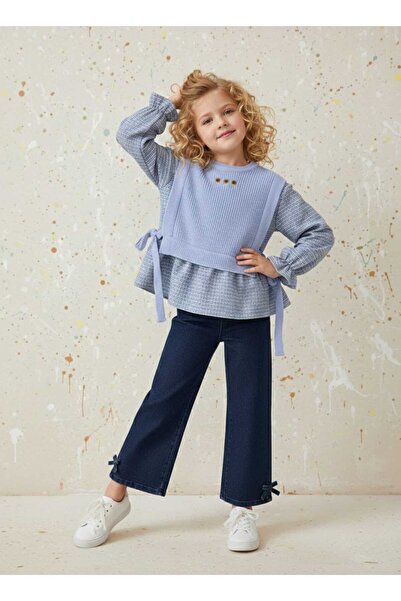 kidsense Flower Embroidered Knitwear Detailed Plaid Shirt and Jeans Girls' Set