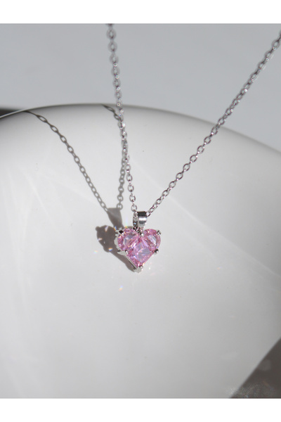 Reorah Collection Pink Shiny Stone Heart Necklace