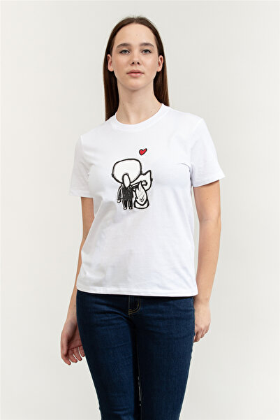 Karl Lagerfeld Ikon Valentine Kadın Bisiklet Yaka T-Shirt Beyaz