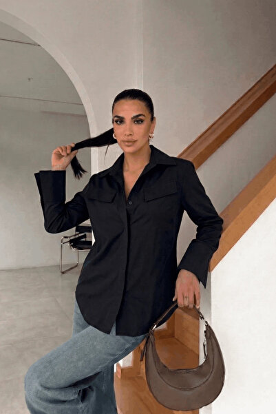 cemo Kadın Klasik Yaka Cepli Uzun Kollu Gömlek