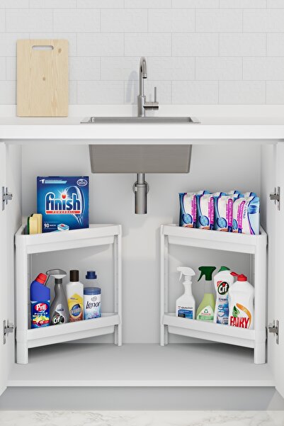 ozbience İki Adet Üçgen 2 Katlı Köşe Raf Düzenleyici, Evye ve Banyo Organizeri