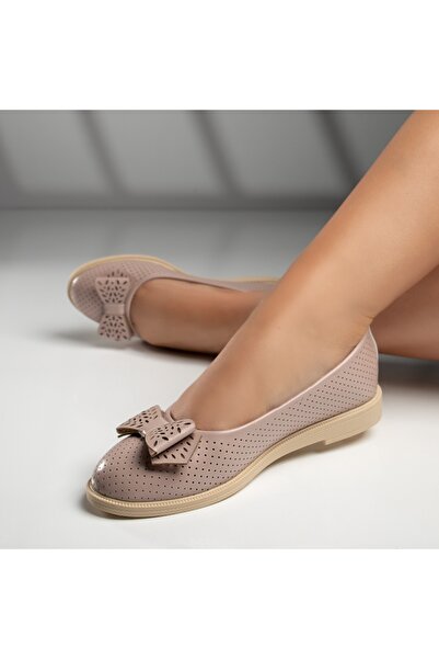 Modlet.ro Women's nude perforated ballet flats with bow MOD07987