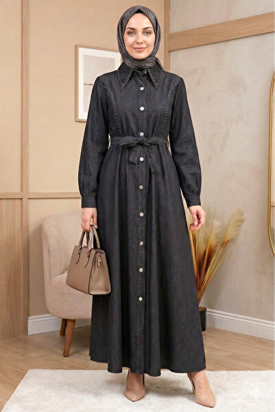 FERHEL Γυναικείο τζιν φόρεμα με Με δέσιμο κουμπιά στη μέση και λεπτομέρεια απ...