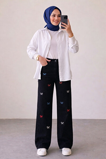 Tesettür Diyarı Γυναικείο φαρδύ τζιν παντελόνι με φιόγκο - Μαύρο