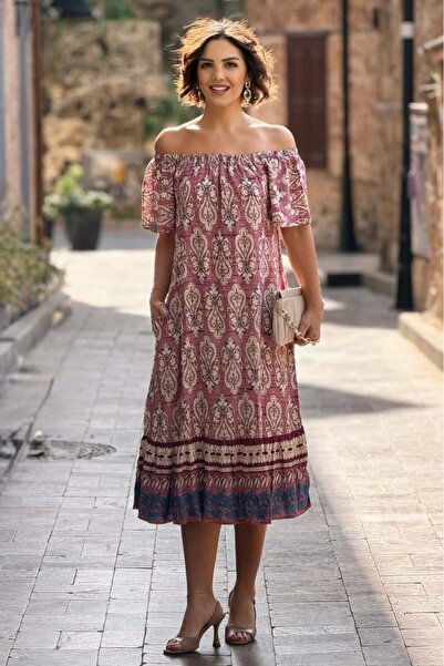 Nevin Kaya Moda V136-Rochie roz tip țiglă cu model cu guler tip Madonna