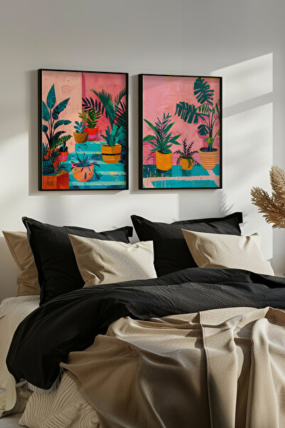 STARYUNA Black Wooden Framed Tropical Plant and Cobalt Theme Double Painting ...