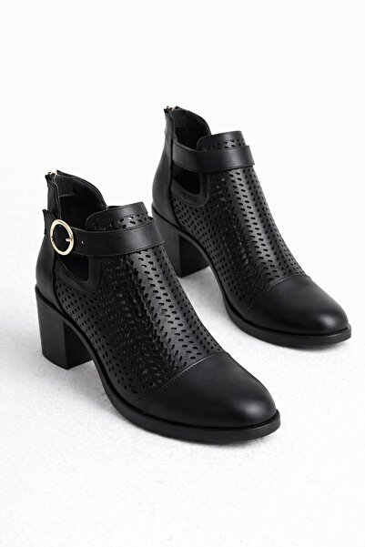 LDR Women's Black Leather Zippered Heeled Perforated Summer Boots