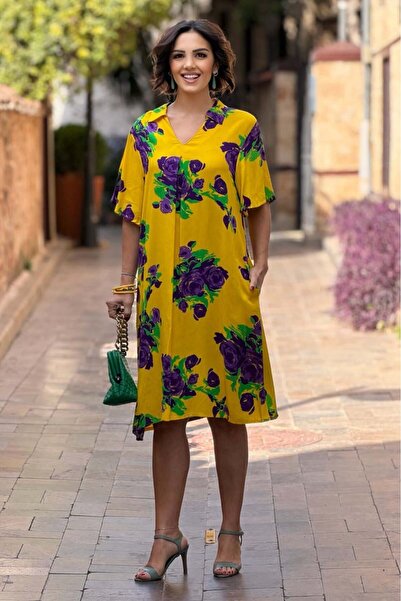 Nevin Kaya Moda V1-Κίτρινο με Μωβ Τριαντάφυλλα Γιακάς πουκαμίσου Φόρεμα