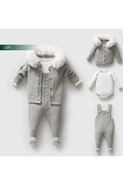 Nipperland Unisex Bebek Triko Düğmeli Hırkalı 3'lü Naturel Salopet Takım